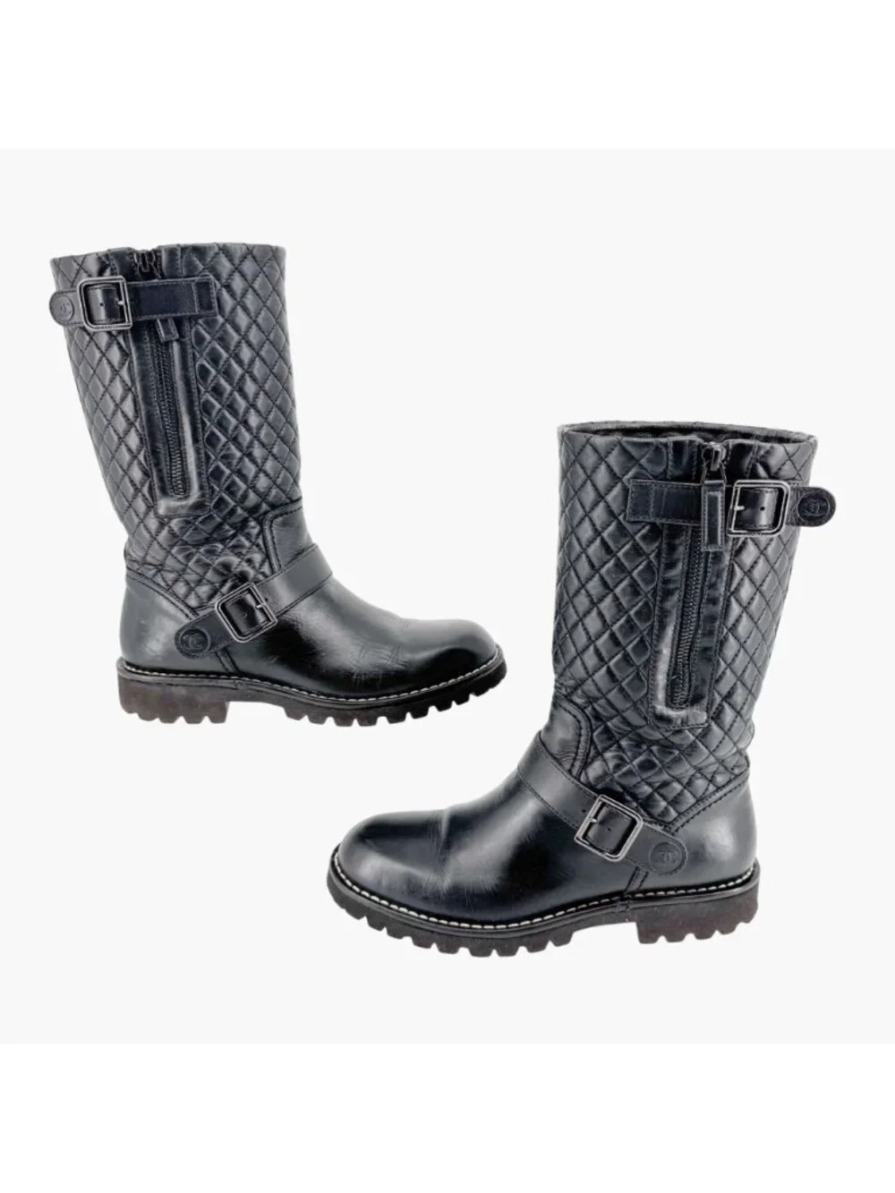 Chanel Quilted Moto Boots EU 37.5 US 6.5-7 Black Leather CC Biker Riding Calf